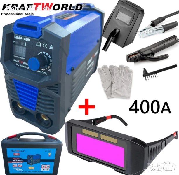 Инверторен Електрожен 400А KraftWorld + Соларни Очила – с Дисплей, Куфар, Кабели, Маска, Чукче, снимка 1