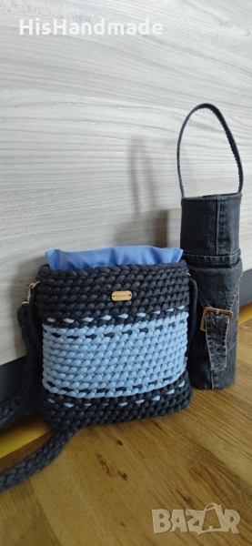 Подаръчен комплект от плетена чанта с чантичка за бутилка, снимка 1