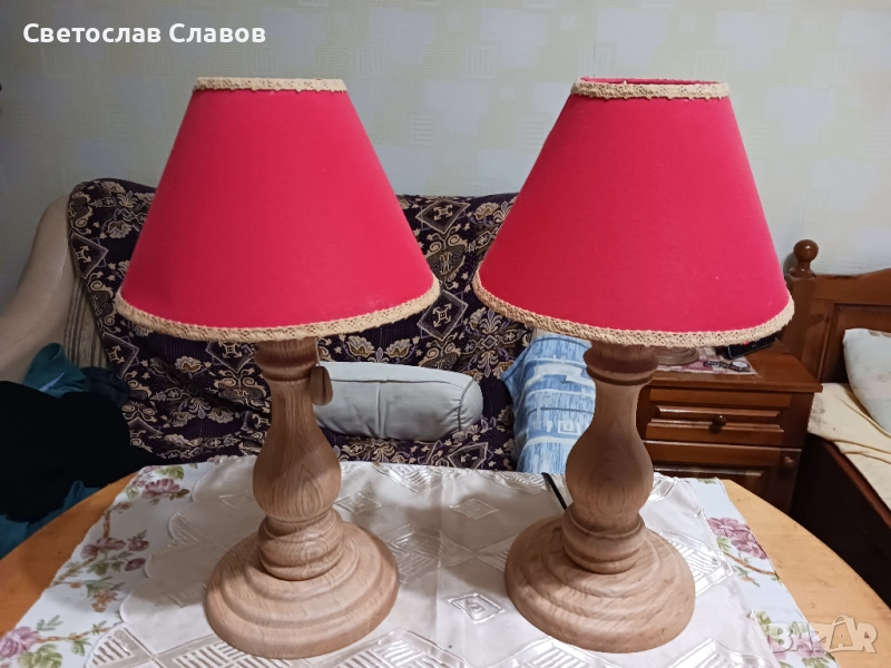 Комплект настолни /нощни/ лампи със стойки от натурален дъб , снимка 1