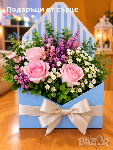 💐 Подаръчен плик с цветя – ръчно изработена аранжировка