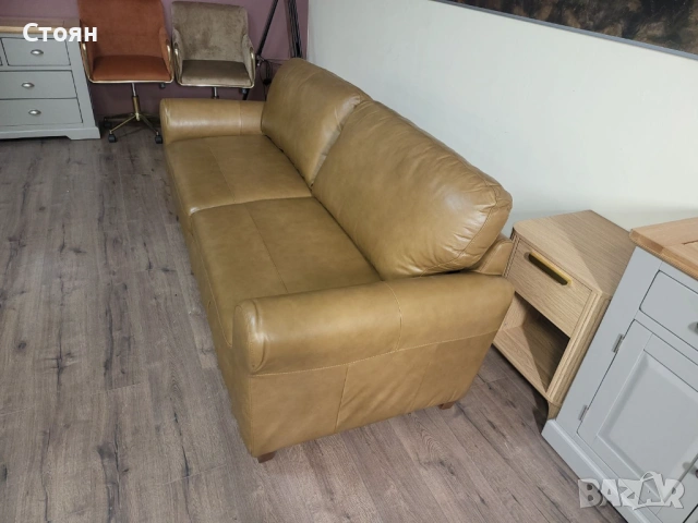 Светло кафяв кожен диван четворка, снимка 3 - Дивани и мека мебел - 53721125