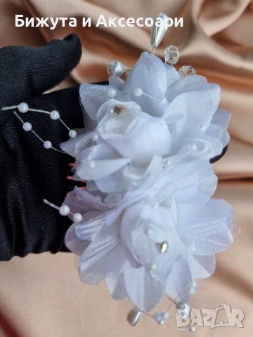 Сватбен аксесоар-гребен с цветя от органза и перлички , снимка 5 - Сватбени аксесоари - 39300054