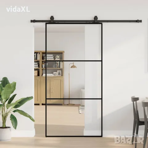vidaXL Плъзгаща се врата с механизъм черна 102x205 см ESG стъкло, снимка 2 - Интериорни врати - 56147127