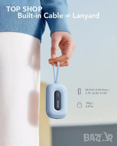 Charmast 10000mAh захранваща банка с вграден кабел, 20W PD, 3 IN/OUT LED дисплей, синя, снимка 5 - Външни батерии - 49804707