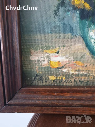 47х40см/малка стара картина масло върху платно-фазер/натюрморт ваза с цветя/дървена рамка, снимка 5 - Картини - 50823395