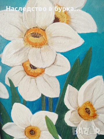 Рисувана картина Нарциси, 45/45, рамка, снимка 3 - Картини - 53200574