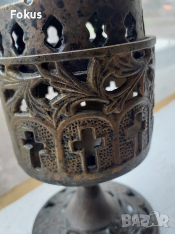 Старо бронзово настолно кандило кадило тамянник, снимка 7 - Антикварни и старинни предмети - 51498397