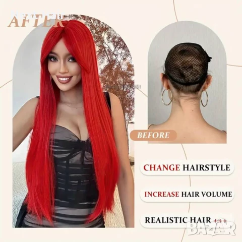 80 см Ярко червена права синтетична перука с дълъг бретон, снимка 2 - Аксесоари за коса - 51058452