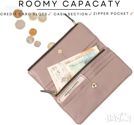 PAUL COSTELLOE Дамско кожено портмоне от естествена кожа с много слота и джобове, пепеляво лилаво, снимка 2 - Портфейли, портмонета - 44494111