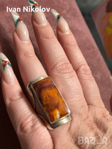 Дамски сребърен пръстен с кафяв яспис, снимка 2 - Пръстени - 52842079