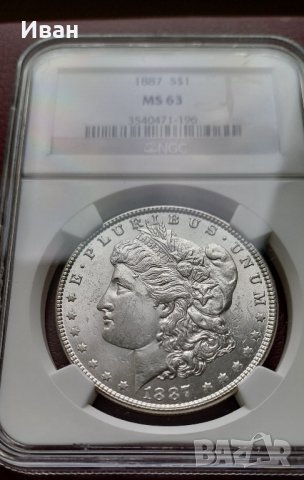 Морган долар от 1887 г. Сертифициран в NGC - MS63., снимка 3 - Нумизматика и бонистика - 44402185