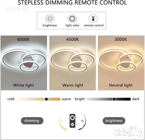 LED лед полилей с дистанционно 3 кръга бяла и кафява 218, 219, снимка 5 - Полилеи - 51536967