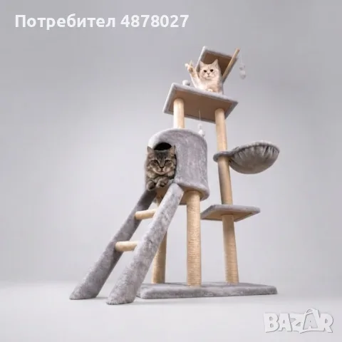 Котешка драскалка с къщичка, легло и платформи, 138 см, светлосива, снимка 4 - За котки - 55936987