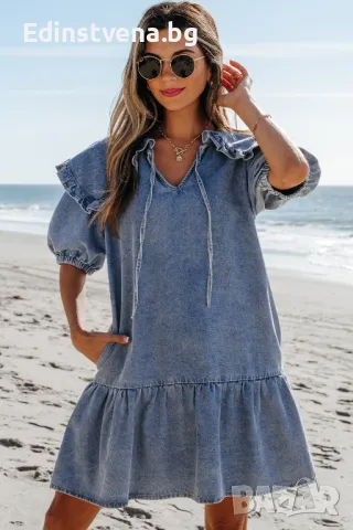Дамска дънкова рокля в синьо с буфан ръкави, снимка 1