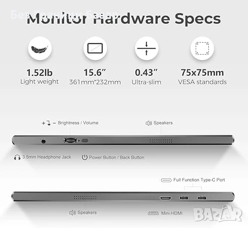 Нов 15.6'' Преносим IPS Монитор USB-C HDMI за Лаптоп PS5 Xbox с калъф, снимка 3 - Друга електроника - 50746916