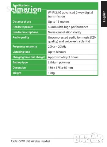 Слушалки Хед сет Asus HS-W1 2.4 GHz Wireless Design Headset, снимка 9 - Безжични слушалки - 53154698