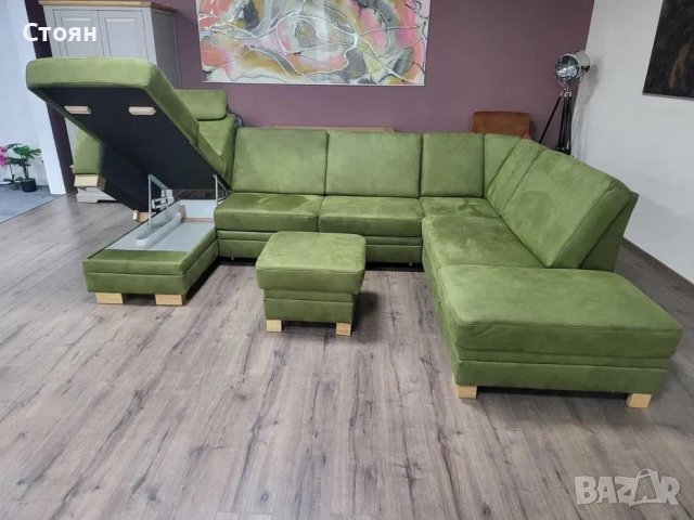 Зелен П образен ъглов диван от плат с функция сън и табуретка KS5044, снимка 5 - Дивани и мека мебел - 44245179