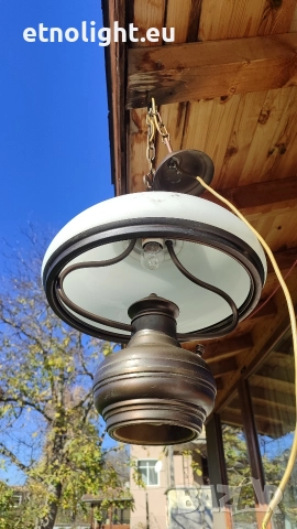 Масивен старинен месингов полилей с голяма куполна стъкленица , снимка 4 - Полилеи - 52805982