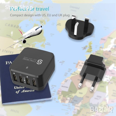 Syncwire USB стенно зарядно щепсел за пътуване - 34W/6.8A 4-портово бързо зарядно устройство с US UK, снимка 5 - Оригинални зарядни - 41557457
