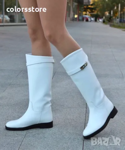 Равни ботуши - бяла кожа с черна подметка - НS22, снимка 2 - Дамски ботуши - 47989550