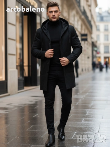 Мъжко едноредно зимно палто черно, снимка 3 - Палта - 52777169