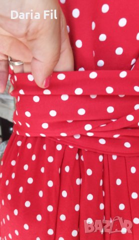 Червена рокля на бели точици за гръдна обиколка от 102см до 126см, снимка 6 - Рокли - 41668824