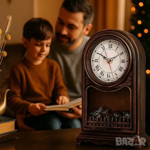 Винтидж настолен часовник с LED камина – уют и стил в едно, снимка 3 - Други стоки за дома - 51923969