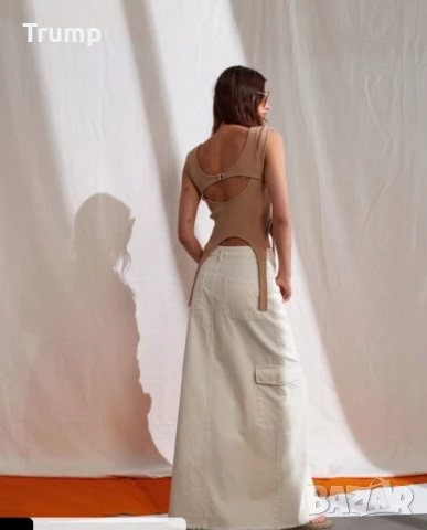 Красива дънкова дълга пола с карго джоб, цвят мръсно бял, снимка 3 - Поли - 50617292