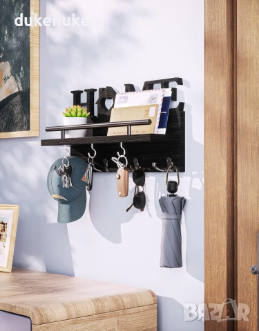 Дървена кутия за ключове за стена с 11 куки и рафт, бяла или черна, снимка 4 - Етажерки - 52277897