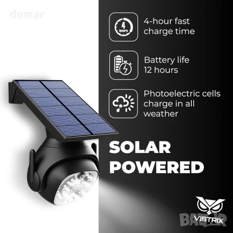 Vistrix соларна LED охранителна лампа и макетна CCTV камера с PIR сензор, IP65, черна, снимка 4 - Соларни лампи - 50771104