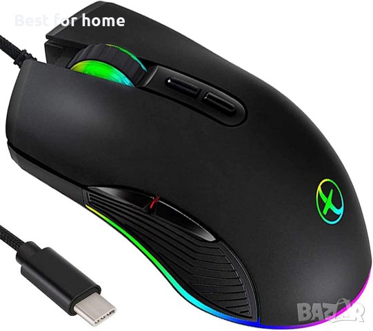 Ергономична RGB мишка за игри, Кабелна мишка IULONEE тип C,