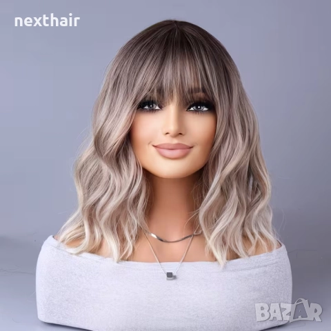 Вълнообразна руса перука с тристепенен омбре ефект и бретон, снимка 2 - Аксесоари за коса - 51820416