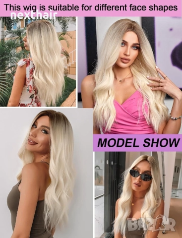 Светло руса омбре перука с тъмни корени на път, снимка 5 - Аксесоари за коса - 52442128