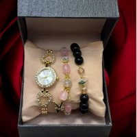 Подаръчен дамски комплект от часовник с камъни цирконии и два броя гривни, снимка 2 - Бижутерийни комплекти - 44536157