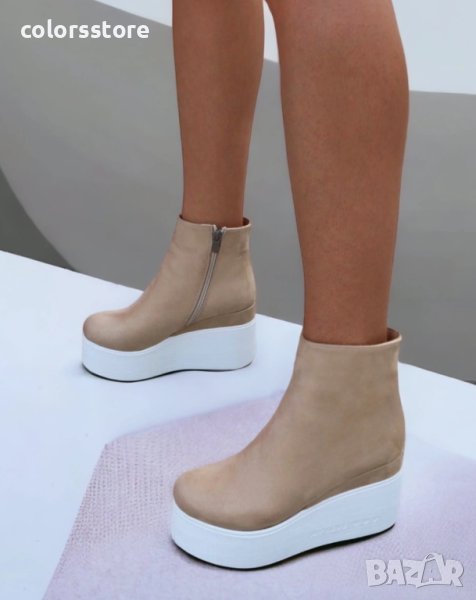 Боти на платформа - бежов велур с бяло ходило - 130K, снимка 1