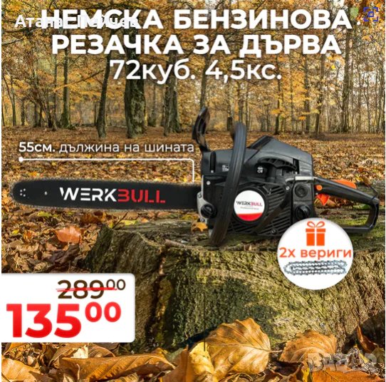 Немска Бензинова Резачка за Дърва WerkBull 72куб 4,5кс + две вериги и пила за точене, снимка 1