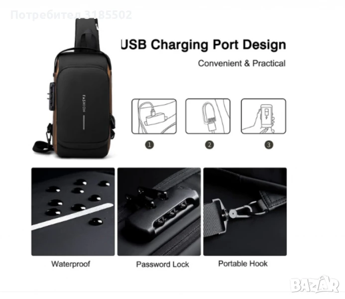 Мъжка чанта за през рамо, Crossbody, с USB поддръжка за зареждане, джоб против кражба, водоустойчивa, снимка 1