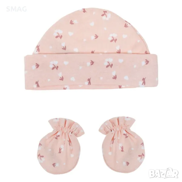Комплект за новородено, памучна шапка и ръкавици с цветя S_1225942, снимка 1