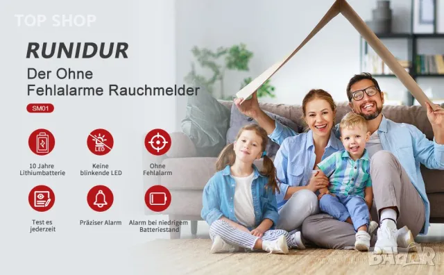 Детектор за дим RUNIDUR/10 години батерия/без пробиване/стандарти EN14604/пожароизвестител/плосък, снимка 11 - Друга електроника - 49308577