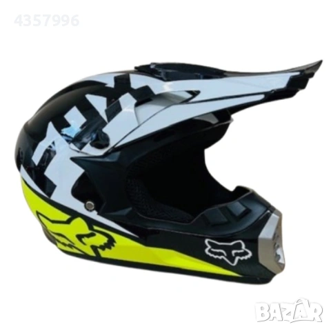 Кросова каска, за мотор, Атв, Вело, Гланц черен-бял с неон, снимка 2 - Аксесоари и консумативи - 53444378