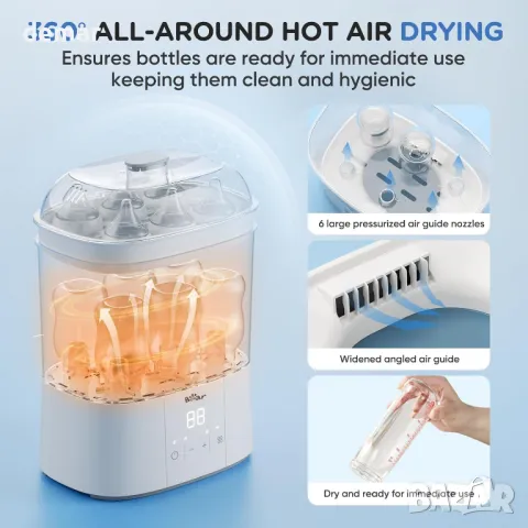 Bear електрически парен стерилизатор и сушилня за бебешки шишета, 2 нива, HEPA филтрация, снимка 4 - Стерилизатори - 50399495