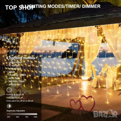 CORST Външни светлини завеса, 6M x 1M, Водоустойчиви, Свързваеми, Дистанционни, 8 режима, топло бяло, снимка 2 - Външни лампи - 49944919