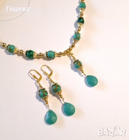 Разкошен комплект бижута обици и колие с камъни Нефрит и Азурит и орнаменти в цвят Антично злато, снимка 10 - Бижутерийни комплекти - 42512511
