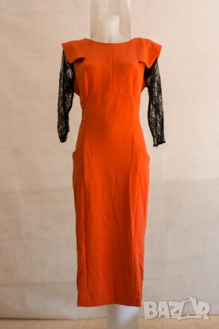 Елегантна рокля в цвят корал с черни дантелени ръкави Onyx - 2XL, снимка 4 - Рокли - 42546613