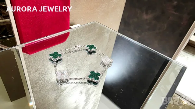 Van Cleef & Arpels VCA 5 Motifs Silver Green Malachite Diamonds Vintage Alhambra Дамска Гривна, снимка 5 - Гривни - 56111503