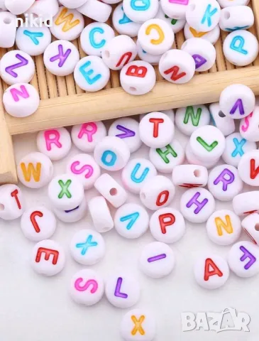 100 бр цветни Акрилни букви на латиница английски- кръгли мъниста, снимка 4 - Други - 49741632