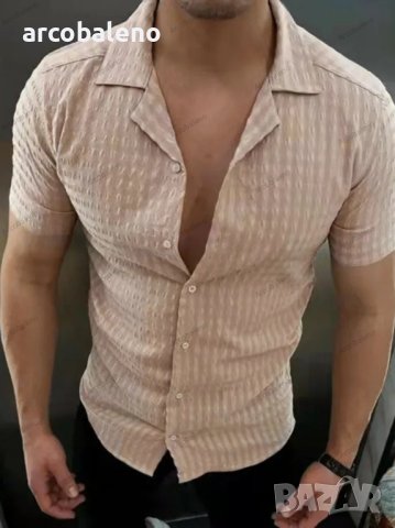 Мъжка едноцветна риза с копчета и къси ръкави, 5цвята, снимка 3 - Ризи - 40890440