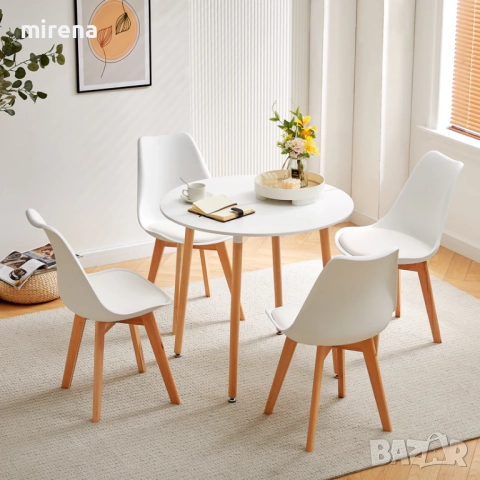 Кръгла трапезна маса 80 см с 4 крака - бяла/черна