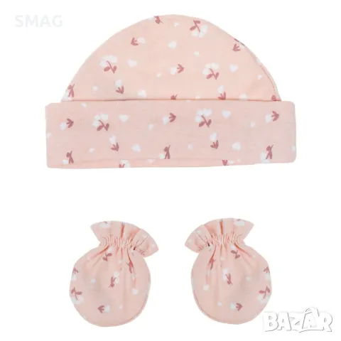 Комплект за новородено, памучна шапка и ръкавици с цветя S_1225942