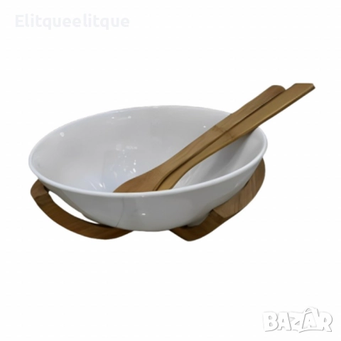 Луксозен комплект за салата с керамична купа и дървени аксесоари, снимка 3 - Други стоки за дома - 52186367